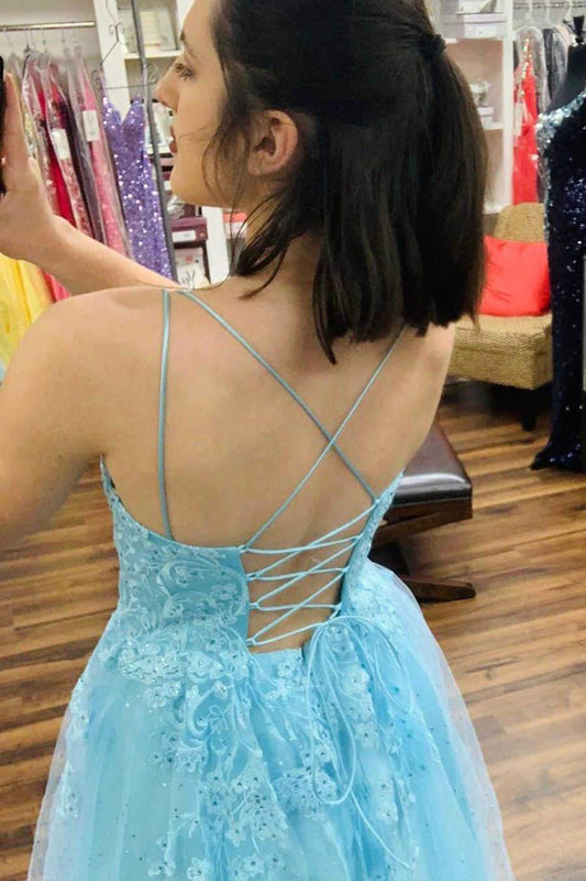 Straps Light Blue Long Prom Dress with Appliques, Plus Size A-Line Formal Gown GP255
