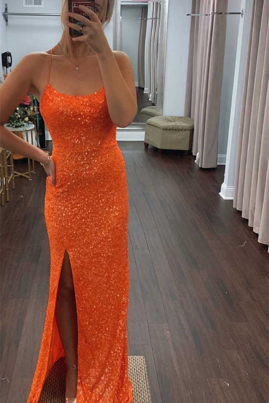 Glitter Orange Sequins Long Prom Dresses, Long Evening Dresses with Slit GP398