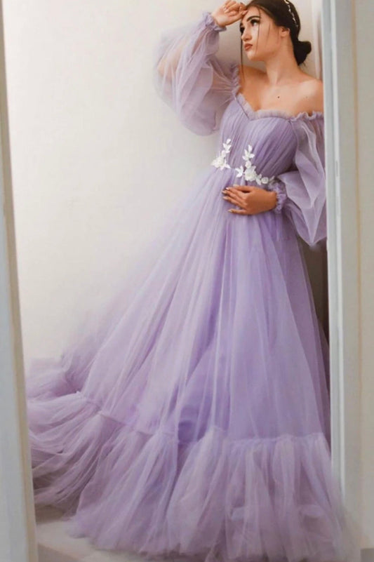 Vestidos de fiesta largos color lila, vestido de gala de tul de corte A, vestido formal de noche