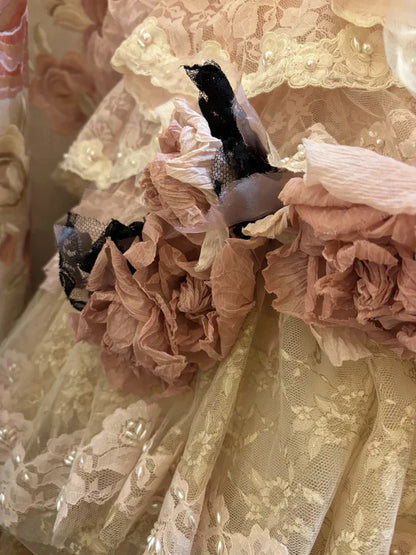 Vestido de noche vintage de quinceañera, de encaje rosa, sin tirantes y con capas, corte A, TP4289