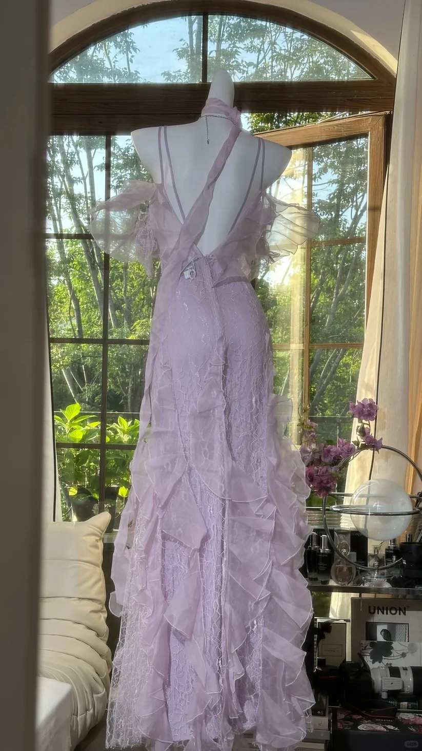 Lilac Romantic Lace Elegant Long Chiffon Ball Gown Party Dress Date Dress SH3431