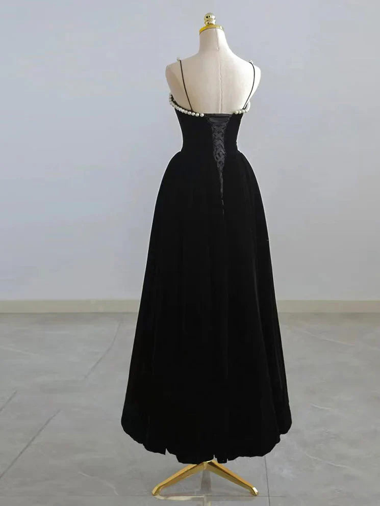 Vestido de fiesta de terciopelo estilo retro burdeos con tirantes finos y cuentas, corte A, TP4058