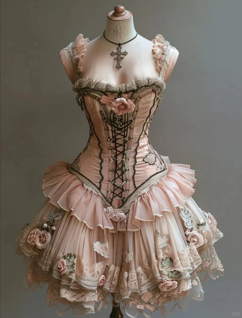 Retro 3D Floral Design Lolita Princess Dress A-line Beaded Chiffon Tiered Party Dress Homecoming Dress TP4085