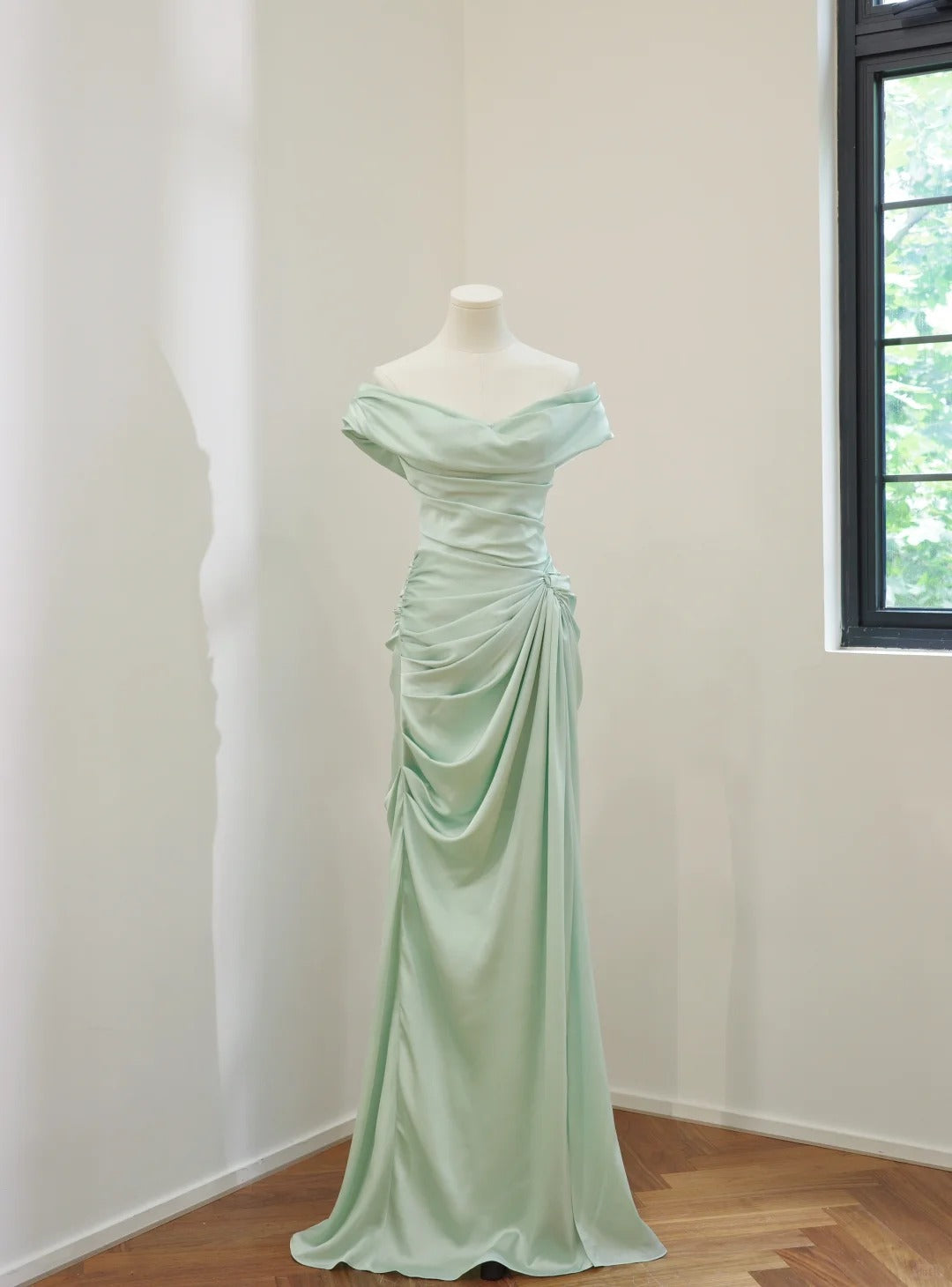 shopuniqlos-Mint Green Simple Fashion Off Shoulder Long Satin Prom Dress Evening Dress Party Dress Bridesmaid Dress gh5057