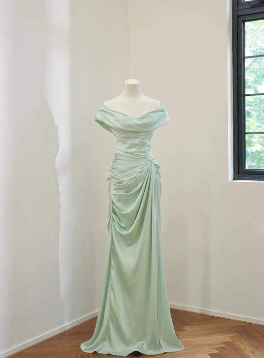 shopuniqlos-Mint Green Simple Fashion Off Shoulder Long Satin Prom Dress Evening Dress Party Dress Bridesmaid Dress gh5057
