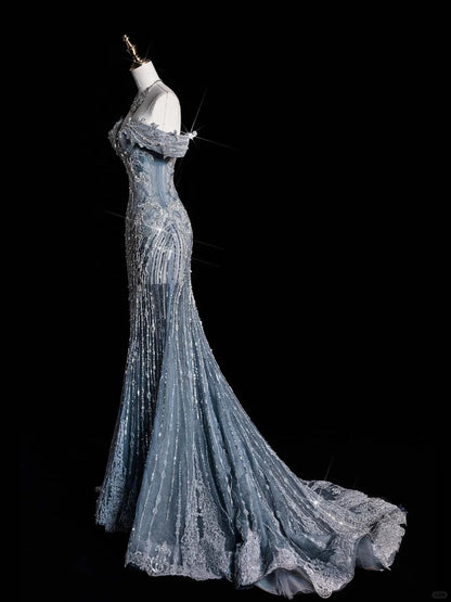 ____ilver Blue Luxurious Heavy Industry Sparkling Gorgeous Elegant Exquisite Beading Stunning Long Mermaid Dress Sequin Floor Length Trailing Prom Dress Evening Dress Wedding Dress gh4114
