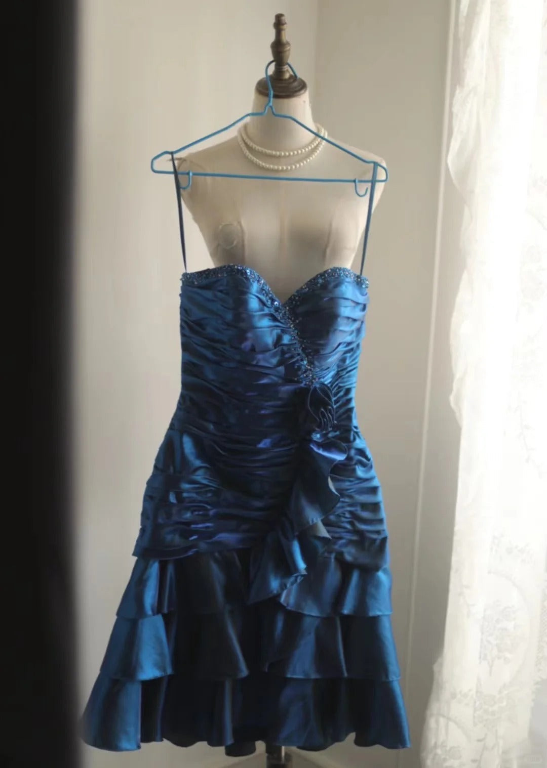 Retro Blue Beading Design A-line Satin Strapless Sweetheart Tiered Party Dresses Homecoming Dresses, TP3806