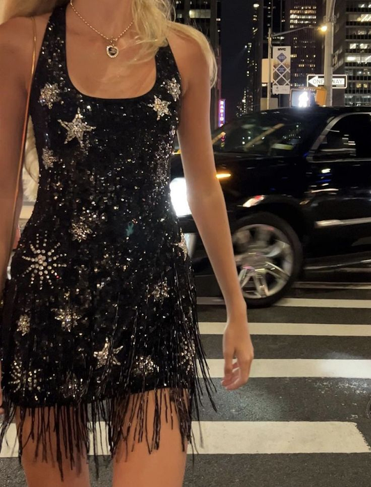 Vintage Black Sequin Beaded Birthday Outfits Sexy Halter Sheath Cocktail Dress Homecoming Dress S380