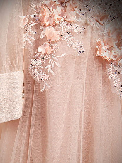 Vestido de fiesta largo de tul con cuello redondo rosa y encaje, vestido de dama de honor de encaje rosa