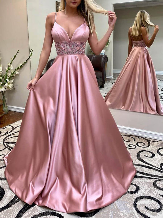 A Line Spaghetti Straps Satin Prom Dress Long Formal Dress,WP252