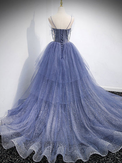 Vestido de fiesta largo de tul con lentejuelas y escote en V azul, vestido de noche azul