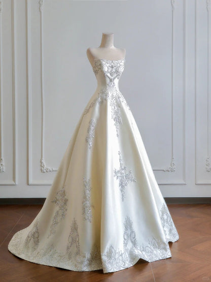 shopuniqlos--White exquisite beaded long satin prom wedding dress gh5482