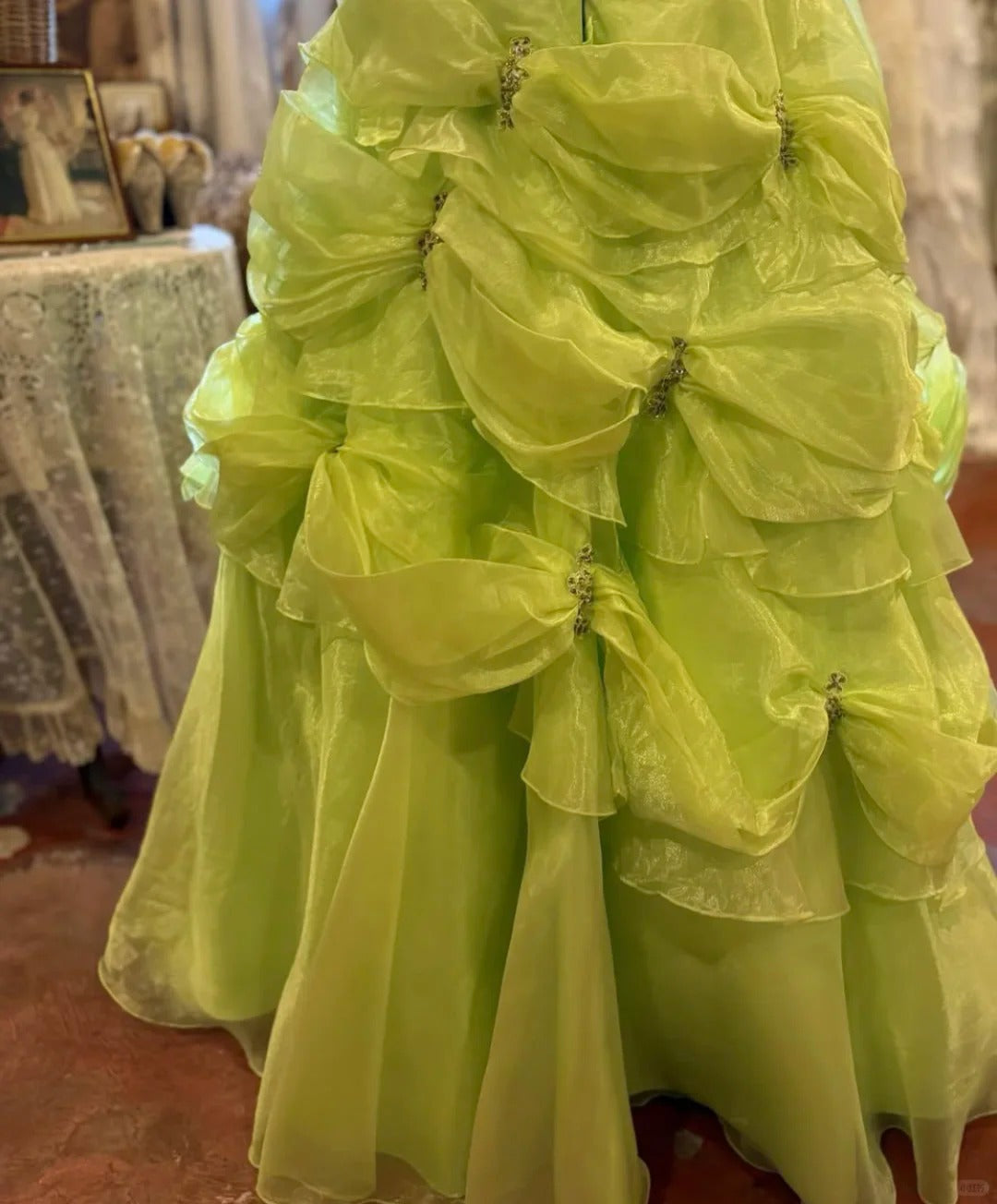 Green beaded long tulle vintage elegant ball gown evening dress gh5044