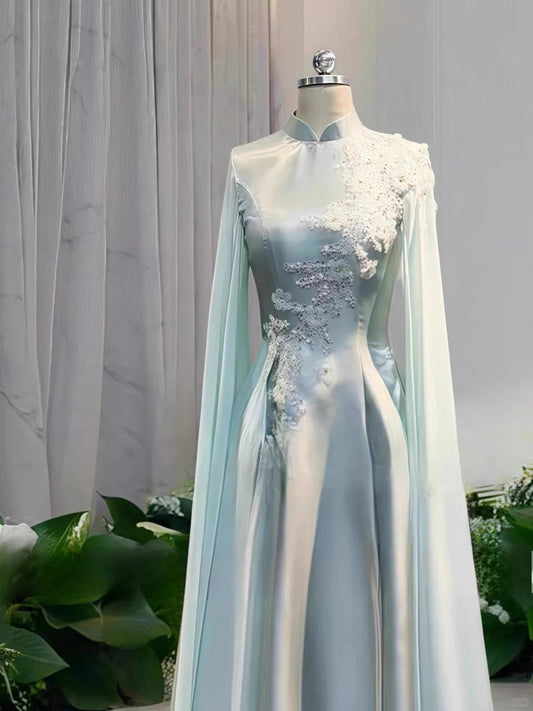 shopuniqlos-Light green floral bead long satin ball gown Prom dress ceremonial dress long sleeved gh5309