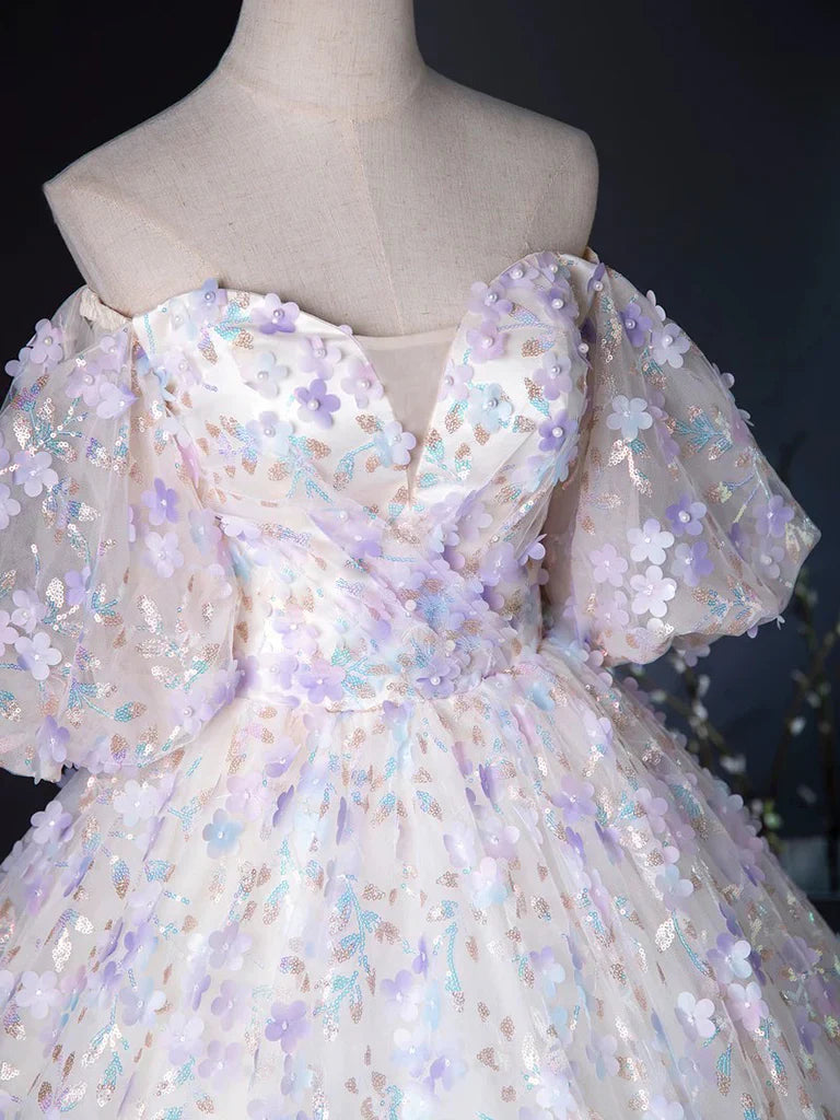 A Line Puff Sleeves Sweetheart Neck Appliques Tulle Long Prom Dress Ball Gown SH1705