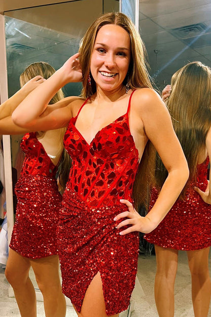 Vestido de cóctel rojo con lentejuelas y escote en V, corte espejo