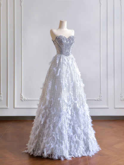 shopuniqlos--Gray purple gorgeous feather tulle and diamond exquisite beading long tulle prom dress wedding dress gh5486