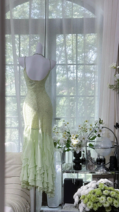 Green shiny ruffle long sequined ball gown evening dress party dress gh4319