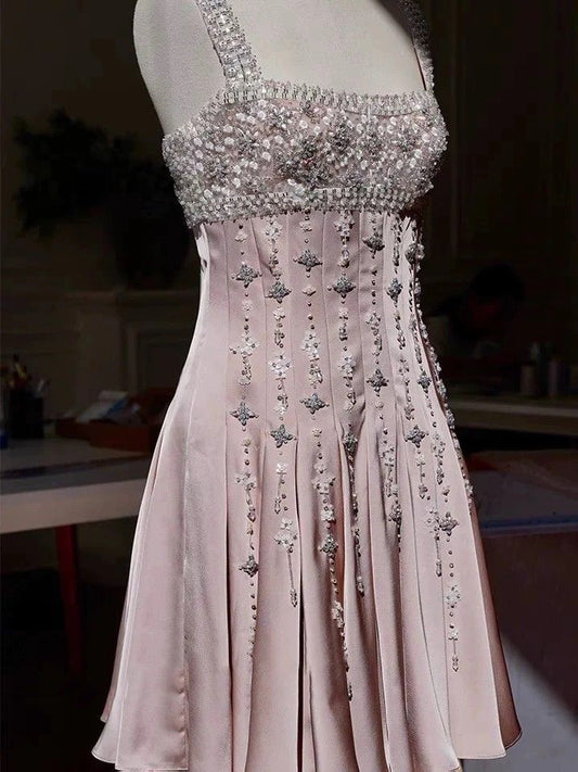 shopuniqlos-Pink Gorgeous Exquisite Beaded Short Satin Homecoming Dress Birthday Dress gh5306