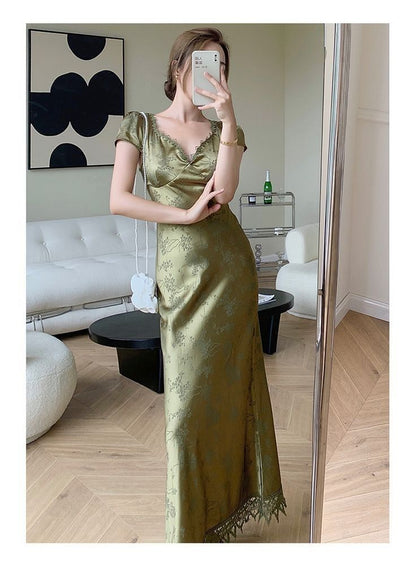 shopuniqlos-Green open back elegant dress, French country style dress, wedding guest dress, prom dress, birthday dress, evening dress, party dress gh5157