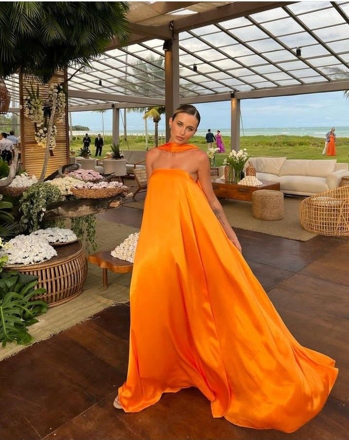 Orange Elegant Flowing A-Line Off Shoulder satin Long Ball Gown Evening Dress Wedding Guest Party Dress gh3093
