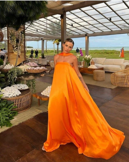 Orange Elegant Flowing A-Line Off Shoulder satin Long Ball Gown Evening Dress Wedding Guest Party Dress gh3093
