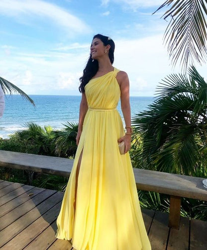 Yellow One Shoulder Long Prom Evening Dresses ,Sexy Prom Dress    fg3064