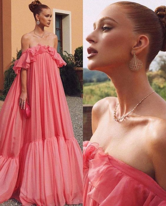 Vestido de fiesta vintage rosa con hombros descubiertos, largo plisado, vestido formal de noche TP4574
