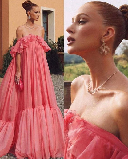 Vestido de fiesta vintage rosa con hombros descubiertos, largo plisado, vestido formal de noche TP4574