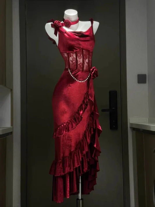 shopuniqlos--Burgundy Sexy Bodycon Halter Multi-layered Satin Slit Prom Dress Party Dress gh5450