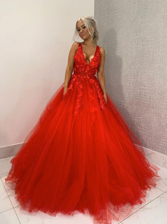 Vestido de fiesta largo con escote en V y apliques de encaje de tul rojo, vestido formal de tul