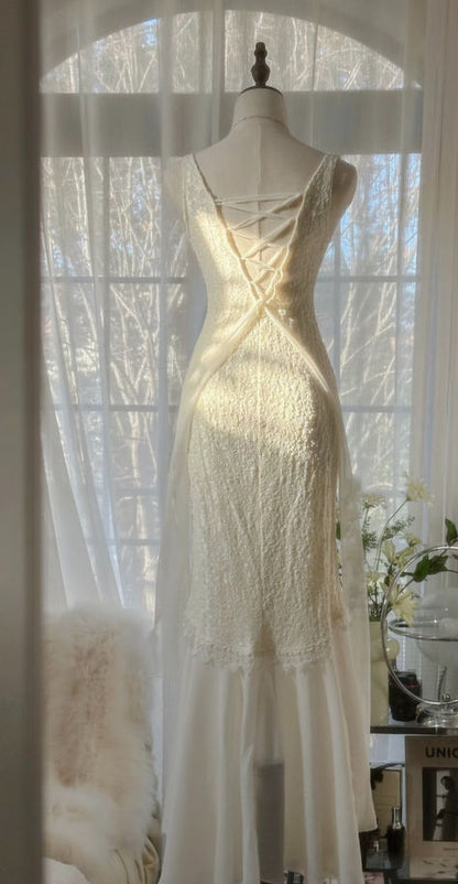 Romantic Mermaid V Neck Beaded White Chiffon Long Party Dress Evening Dress SH2783