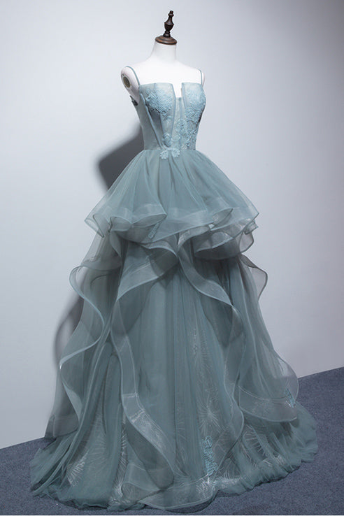 Charming Spaghetti Straps Tulle Dusty Green Long Prom Dress, Glitter Formal Party Dress GP508