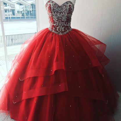 Vestidos de quinceañera de lujo con corpiño de cuentas de cristal, corsé y organza en capas