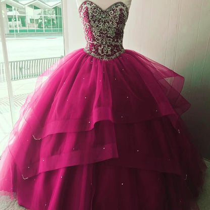 Vestidos de quinceañera de lujo con corpiño de cuentas de cristal, corsé y organza en capas