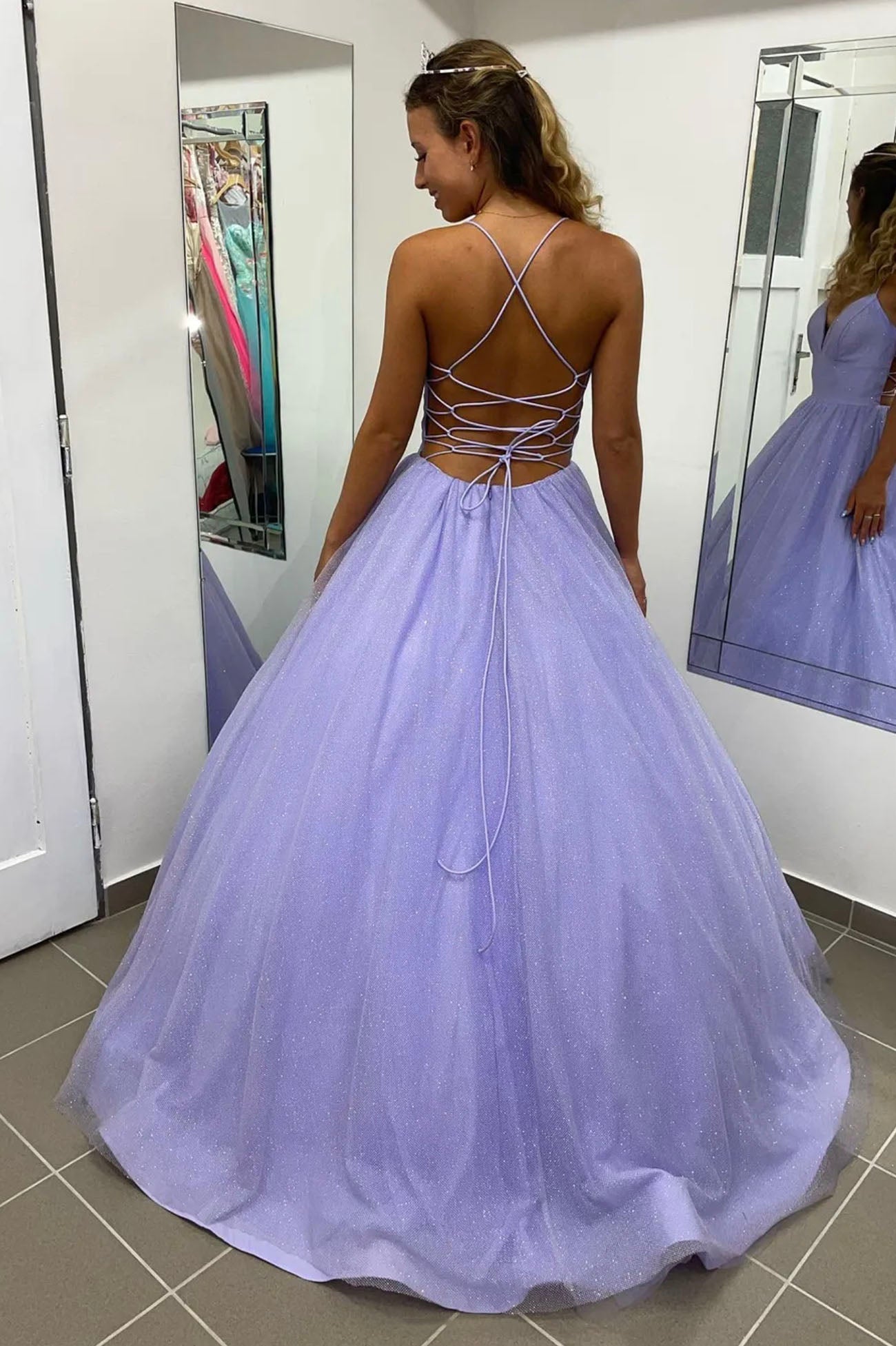 Purple Spaghetti Strap V-Neck Long Prom Dress, A-Line Backless Evening Dress