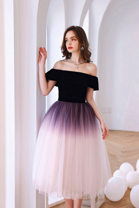 Cute Gradient Tulle Short Prom Dress Pageant Dress, Off the Shoulder Evening Party Dress