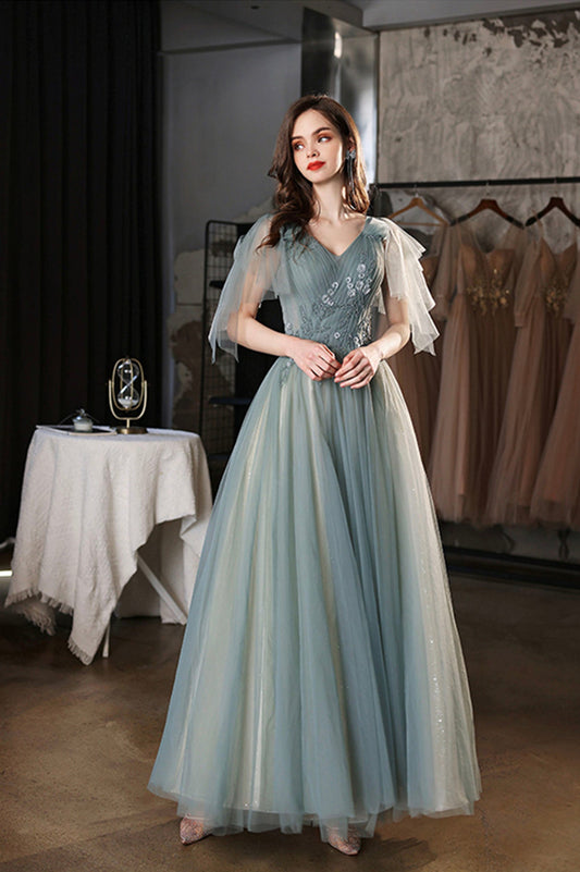 Green V-Neck Tulle Long Prom Dress, Cute A-Line Graduation Dress