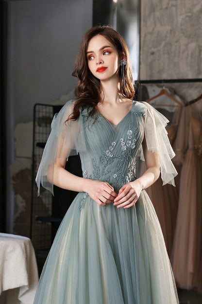 Green V-Neck Tulle Long Prom Dress, Cute A-Line Graduation Dress
