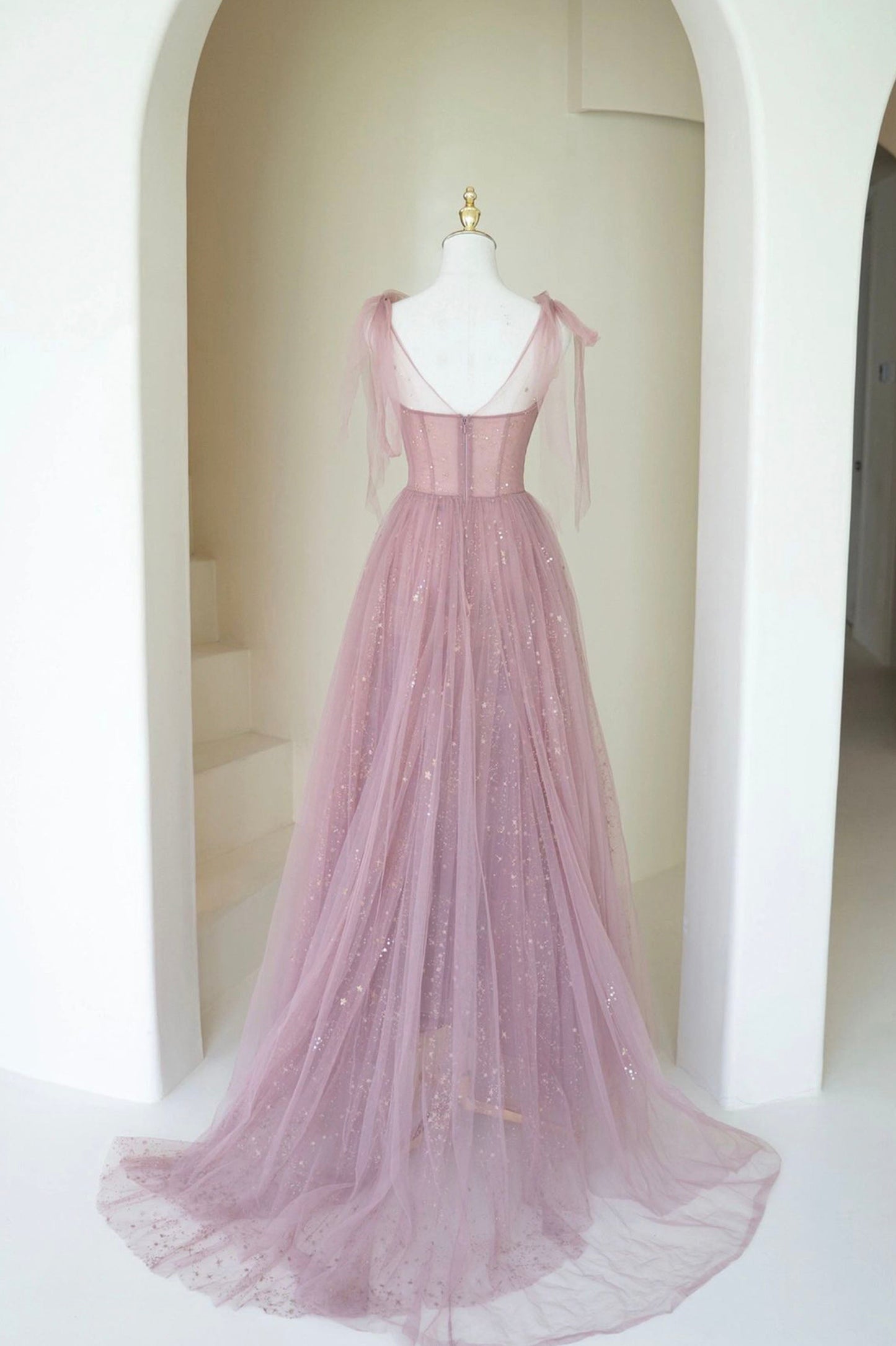 Scoop Neckline Tulle Pink Long Prom Dress, Cute A-Line Evening Party Dress
