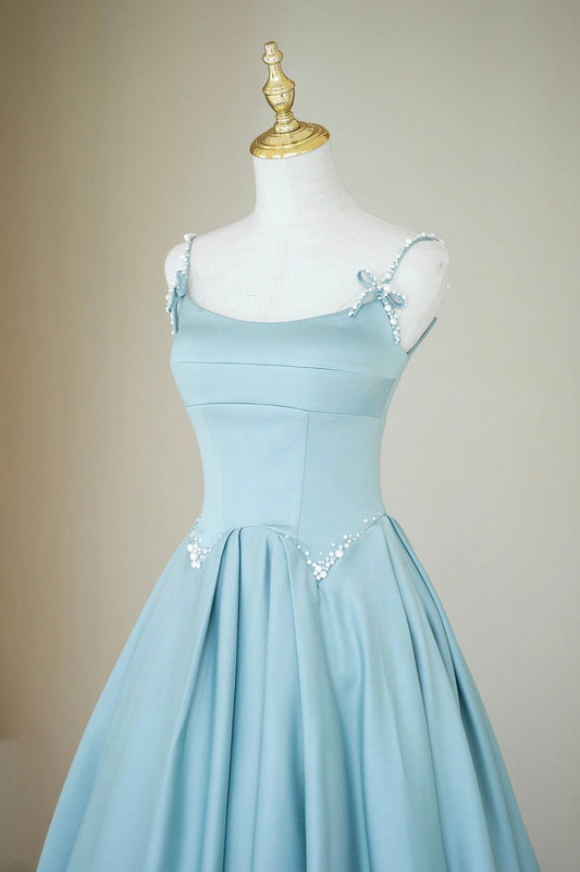 Blue Satin Long A-Line Prom Dress, Beautiful Spaghetti Straps Evening Dress