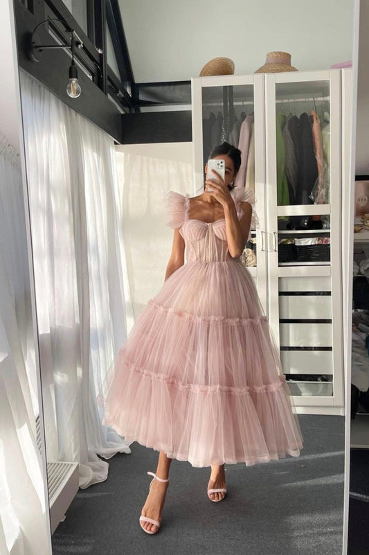 Vestidos de fiesta cortos de tul rosa claro, vestido de fiesta de noche de corte A