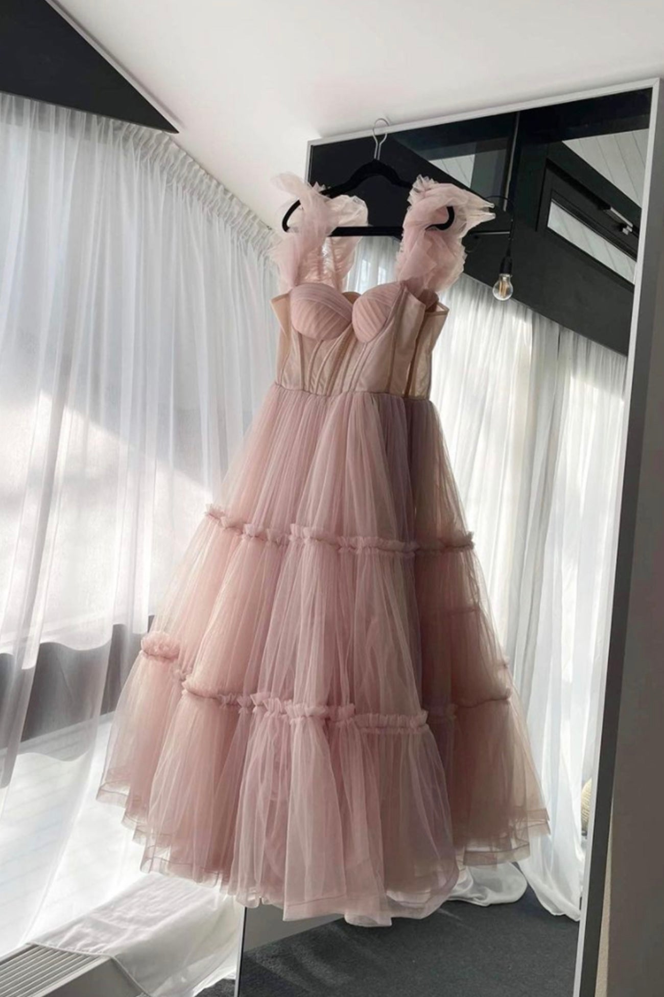 Vestidos de fiesta cortos de tul rosa claro, vestido de fiesta de noche de corte A
