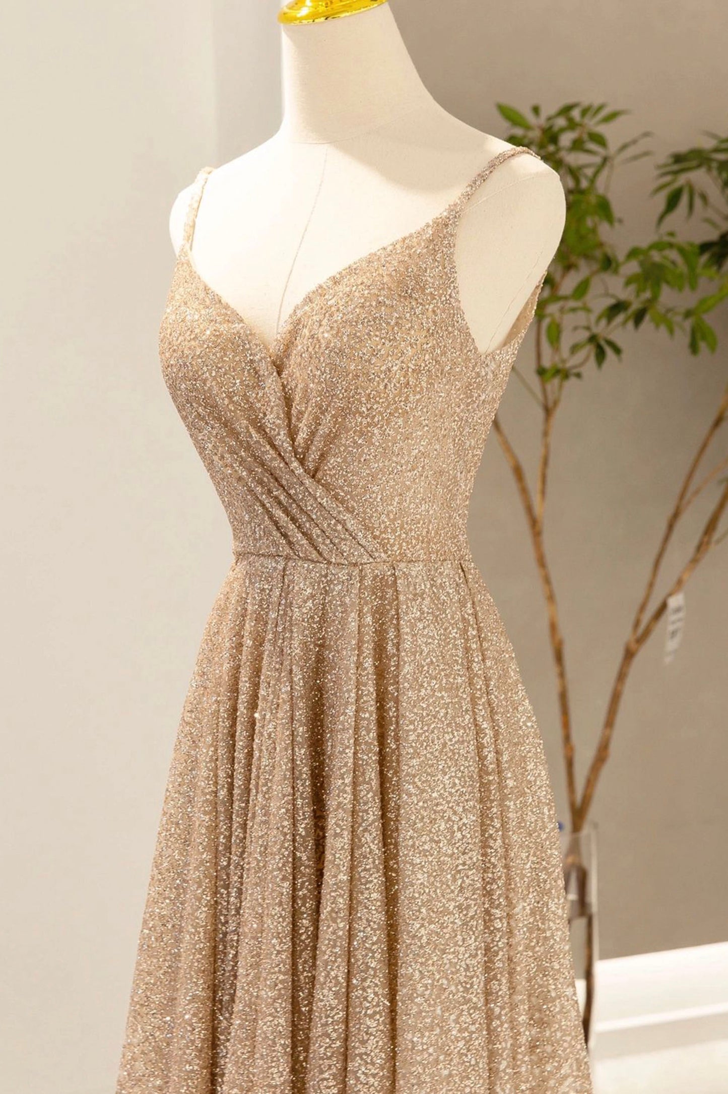 Gold V-Neck Sequins Long Prom Dress, Shiny A-Line Evening Formal Dress