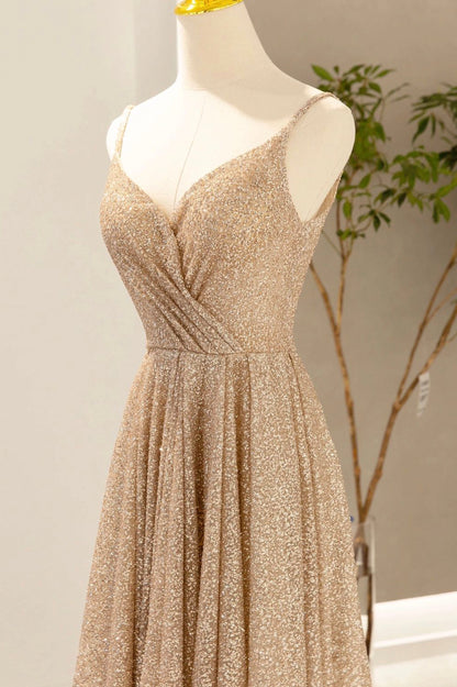 Gold V-Neck Sequins Long Prom Dress, Shiny A-Line Evening Formal Dress