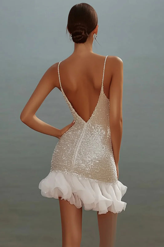 Hermoso vestido de fiesta blanco ajustado con lentejuelas, escote en V, tirantes finos, TP3638