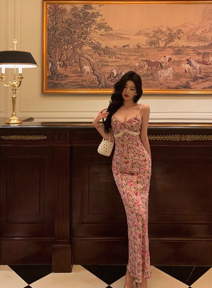 Vestido largo elegante de sirena con tirantes finos y estampado floral rosa para cumpleaños número 18, ideas para vestidos de cumpleaños número 21 para mujeres (DP1313)