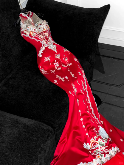 Vestido de noche elegante de corte sirena con bordado de lentejuelas y cuentas rojas brillantes, TP4209