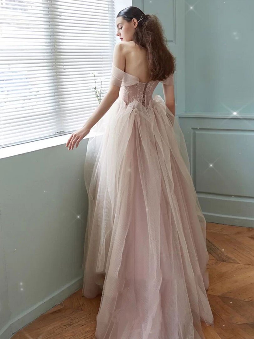 Vestido de fiesta largo de tul rosa con escote en forma de corazón, vestido formal de tul rosa