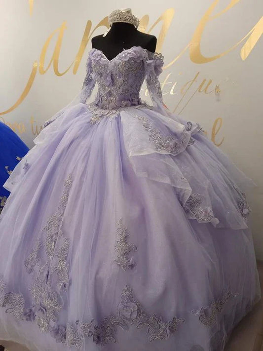Hermoso vestido de quinceañera lila con apliques de corazón y hombros descubiertos, corte A, largo hasta el suelo, para fiesta de graduación, cumpleaños, noche, baile, TP4415